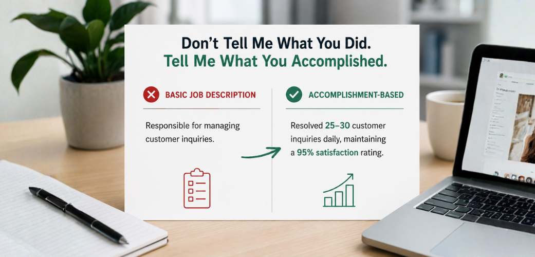 accomplishments slide Resume example comparing a basic job description with an accomplishment-based resume bullet.