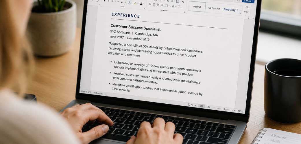 experience section of resume Professional typing accomplishment-based resume bullets into a resume on a laptop.