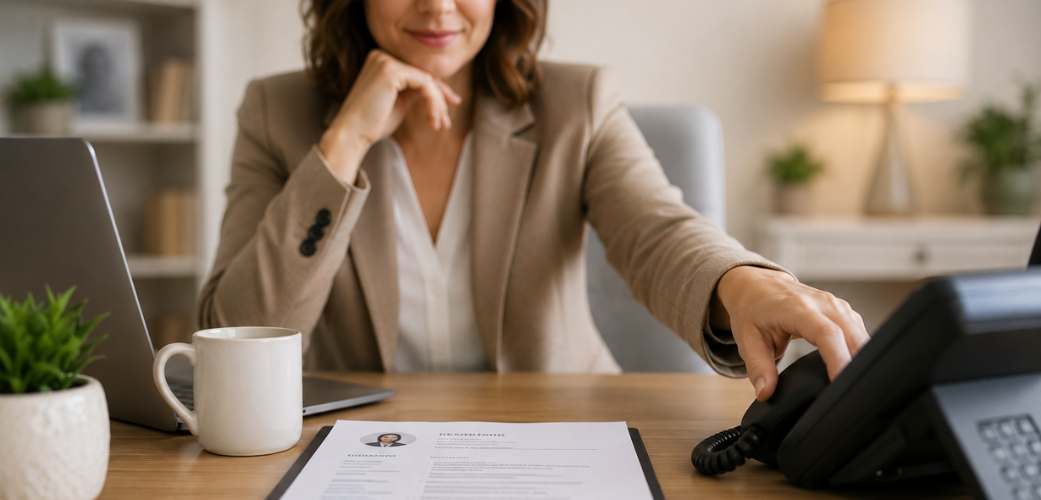 recruiter making a call to a candidate ecruiter reaching for the phone after reviewing a resume to schedule an interview.