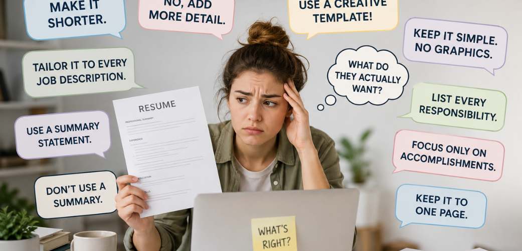 resume confusion Job seeker overwhelmed by conflicting resume advice while updating a resume.