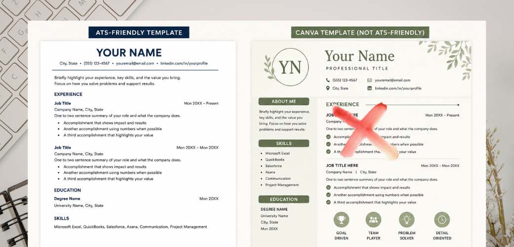 resume templates Comparison of an ATS-friendly resume and a graphic Canva resume template.