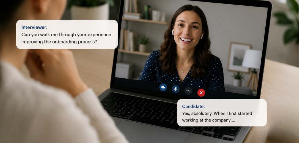 woman being interviewed Job candidate confidently explaining resume accomplishments during a virtual interview.