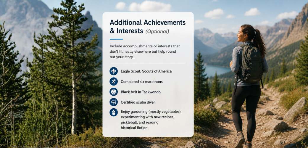 woman hiking Hiker enjoying a mountain trail, representing personal interests and accomplishments on a resume.